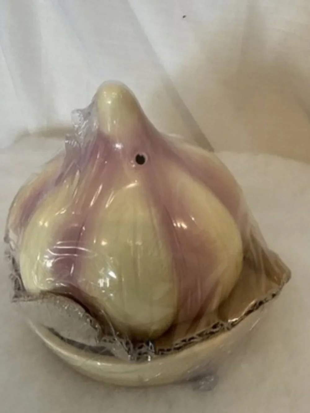 Garlic Ceramic Onion Roaster Baker Ivory Purple Kitchen Dish NIB